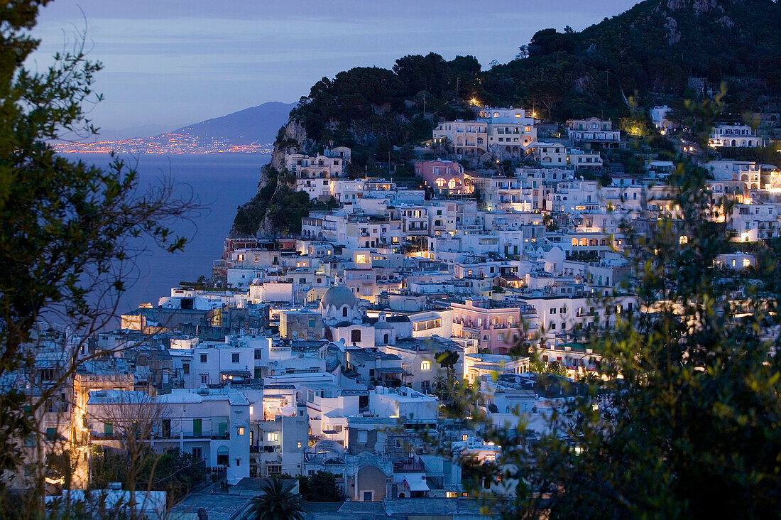 Evening View of Capri Town from via Castello. Capri. Bay of Naples. Campania. Italy.