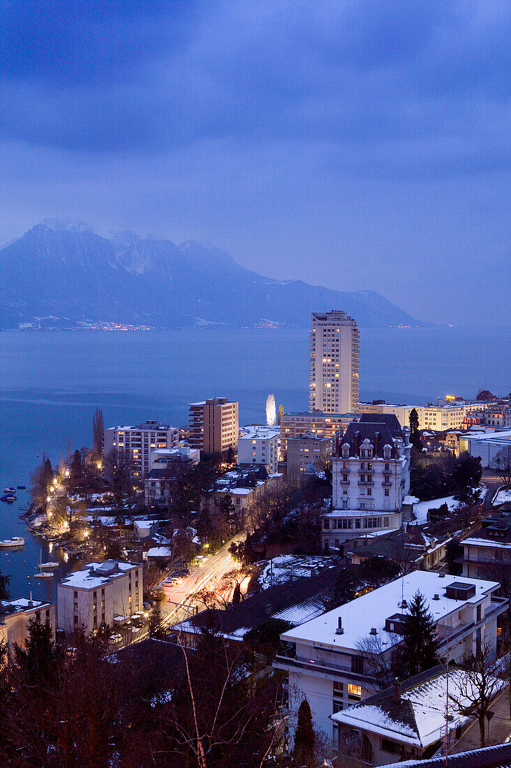 Montreux & Lake Geneva / Evening / Winter. Montreux. Swiss Riviera. Vaud. Switzerland.