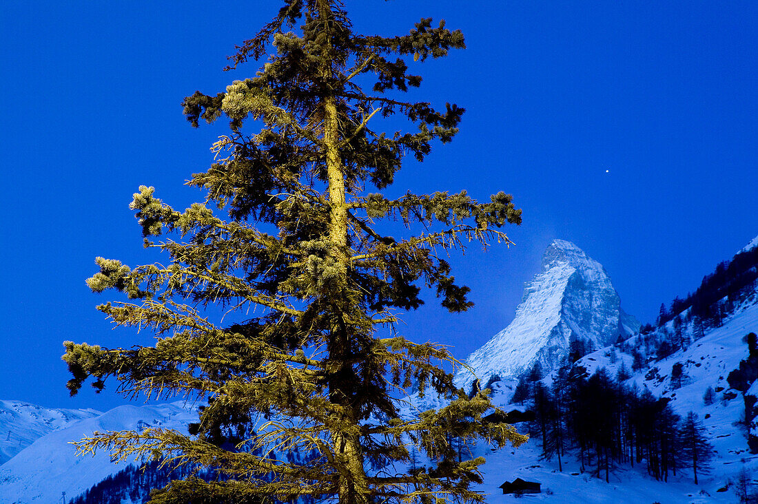 View of Matterhorn / Evening / Winter. Zermatt. Wallis/Valais. Switzerland.