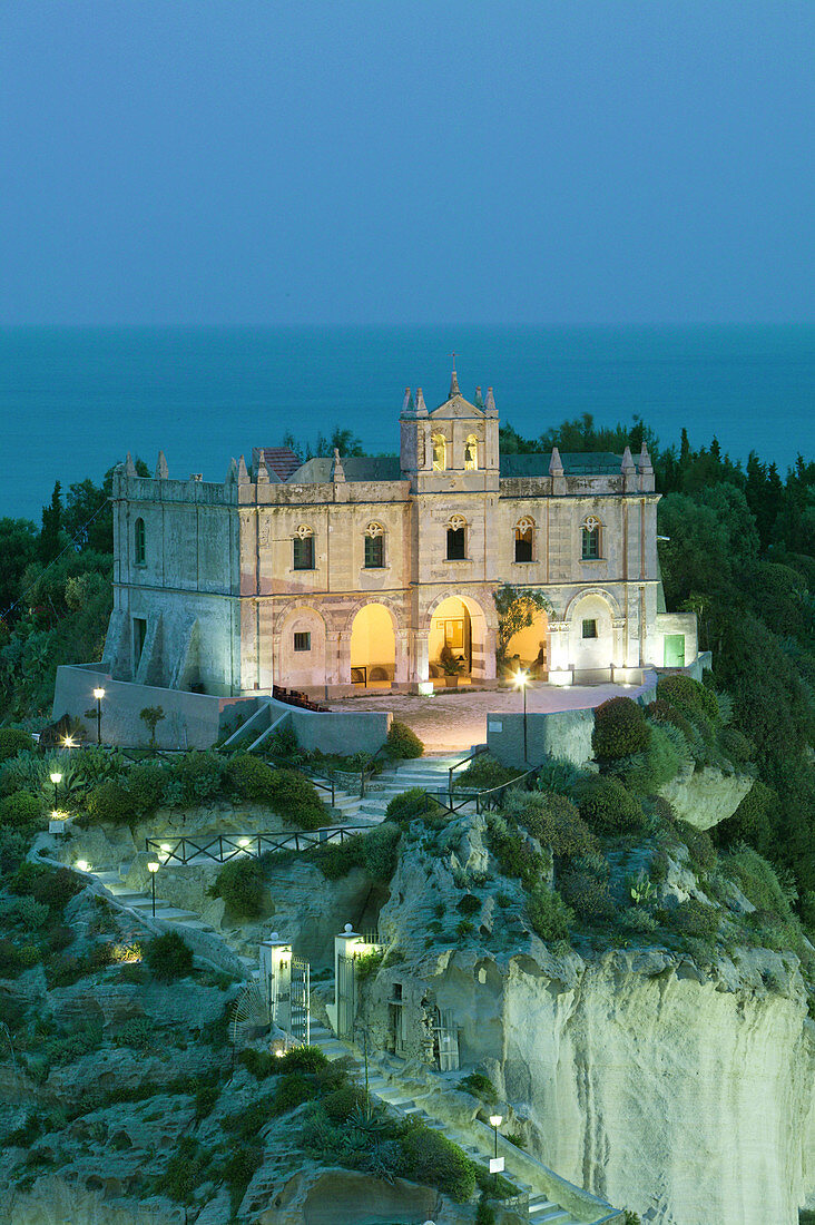 Santa Maria dell Isola Church in the evening, Tropea. Calabria, Italy