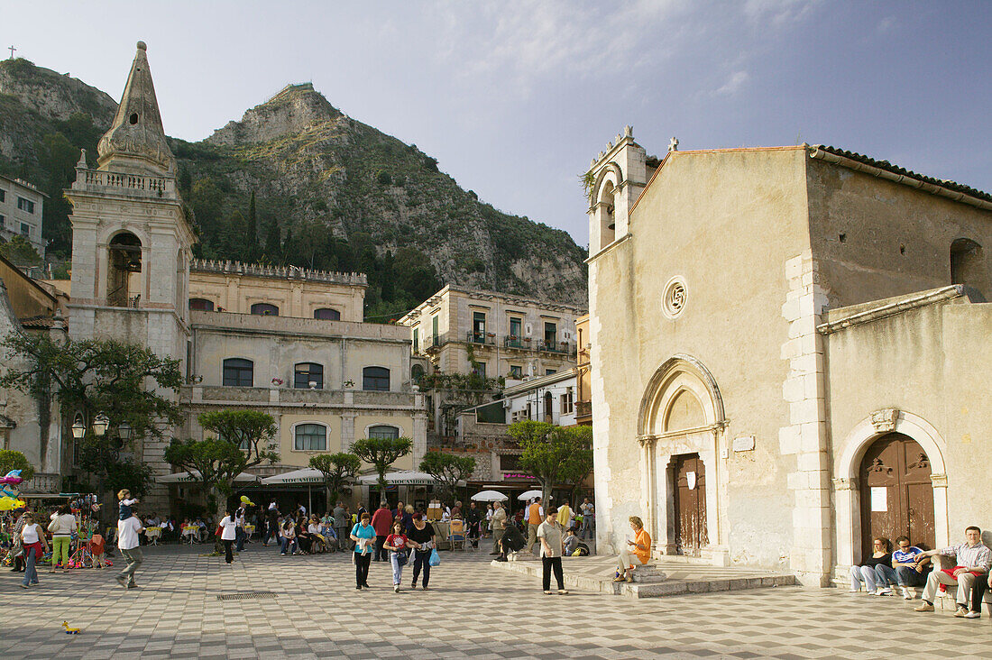 Piazza IX Aprile in late afternoon, Taormina. Sicily, Italy