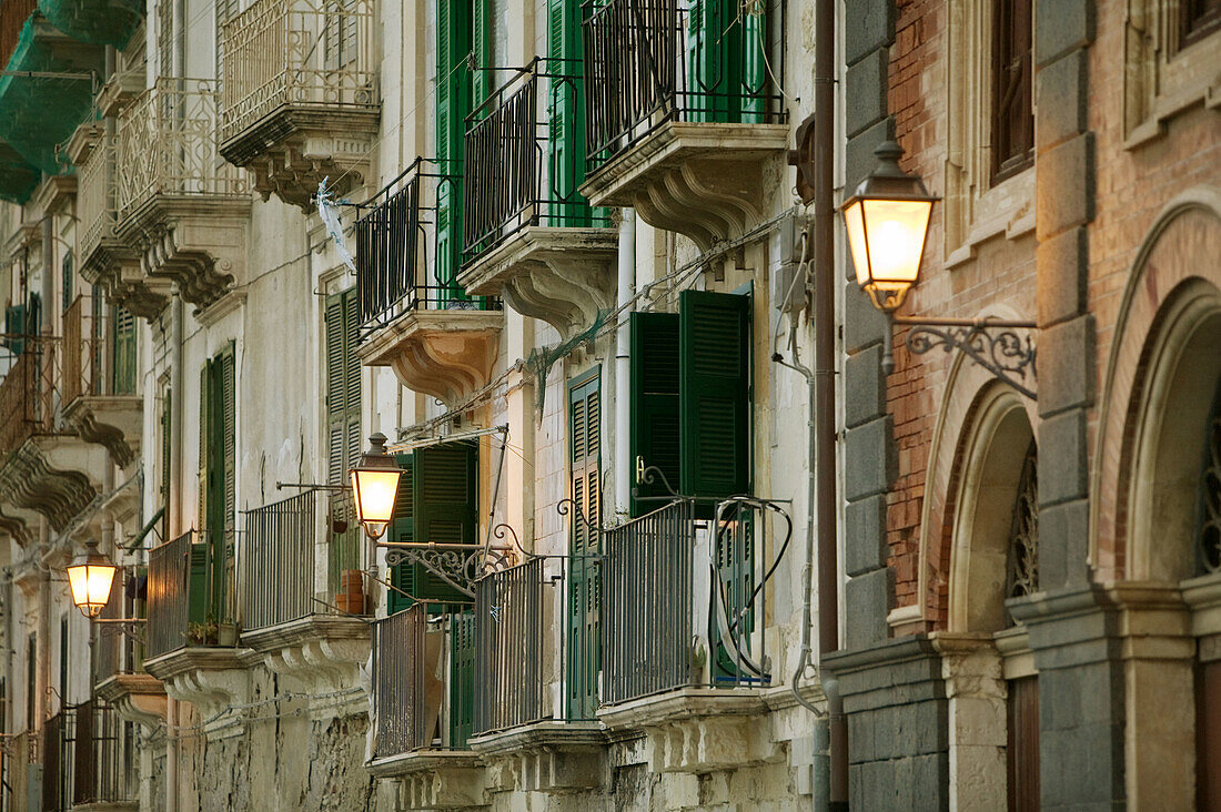 Ortygia Island-Streetlights- via R. Settimo in the evening, Syracuse. Sicily, Italy