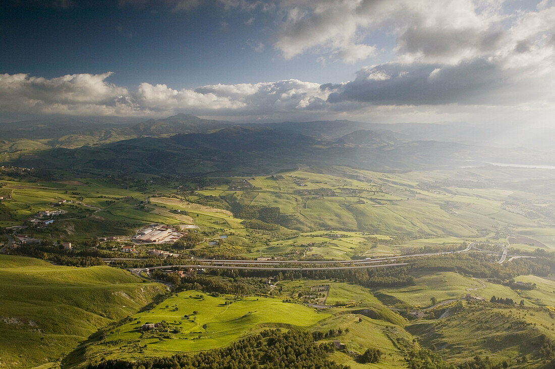 Valley View with Autostrada A19 in the morning, Enna. Sicily, Italy