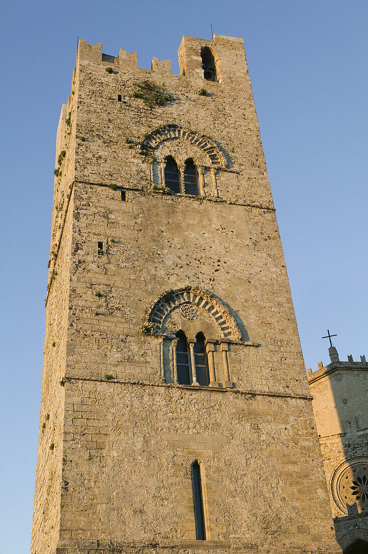 Campanile (Belltower) & the Chiesa Matrice Church (14th c.) at sunset, Erice. Sicily, Italy