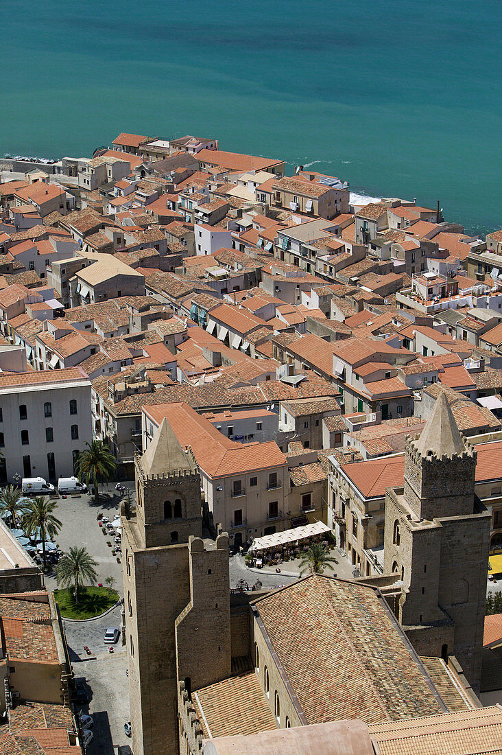 Town Overview with 13th century Duomo from La Rocca Mountain, Cefalu. Sicily, Italy