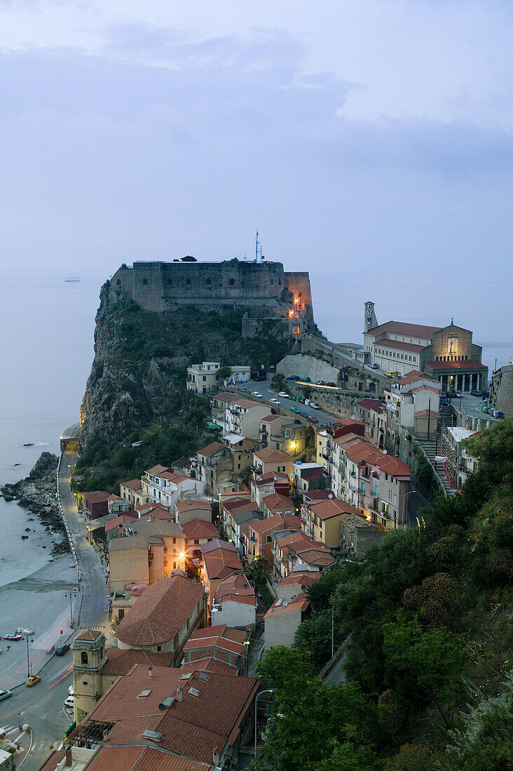 Town View with Castello Ruffo in the evening, Scilla. Calabria, Italy