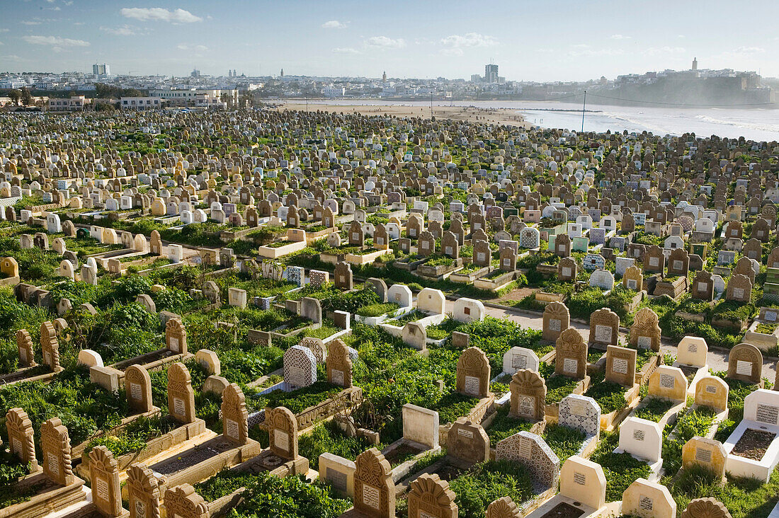 Morocco-Sale (town across from Rabat): Muslim Cemetery with view towards Rabat - Late Afternoon