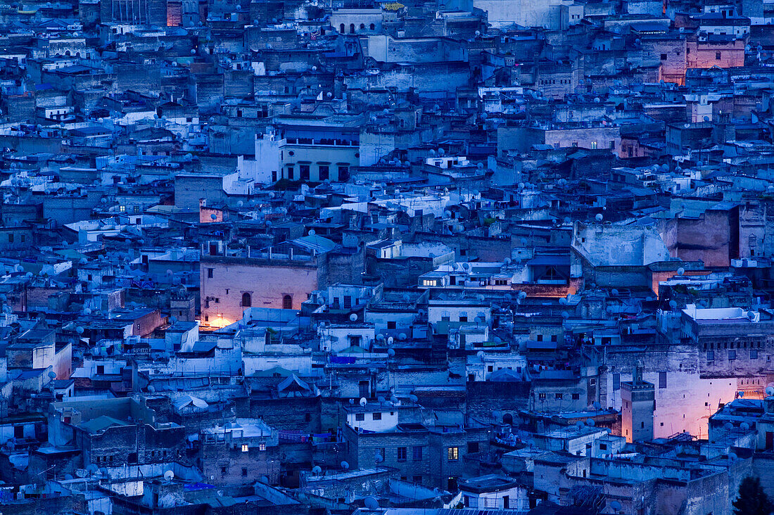 Morocco-Fes: Fes El-Bali (Old Fes)-Evening View from the Merenid Tombs