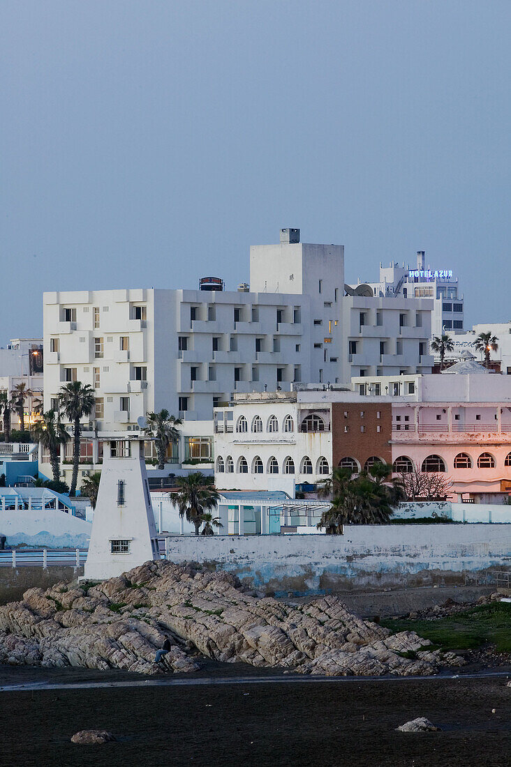 Morocco. Atlantic Coast. Casablanca (Ain Diab): Along Ain Diab beach. Resort Hotels. Evening