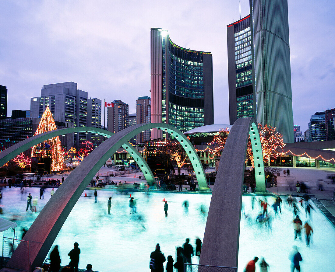 City Hall in front of ice rink at Nathan Phillips Square. Toronto. Canada