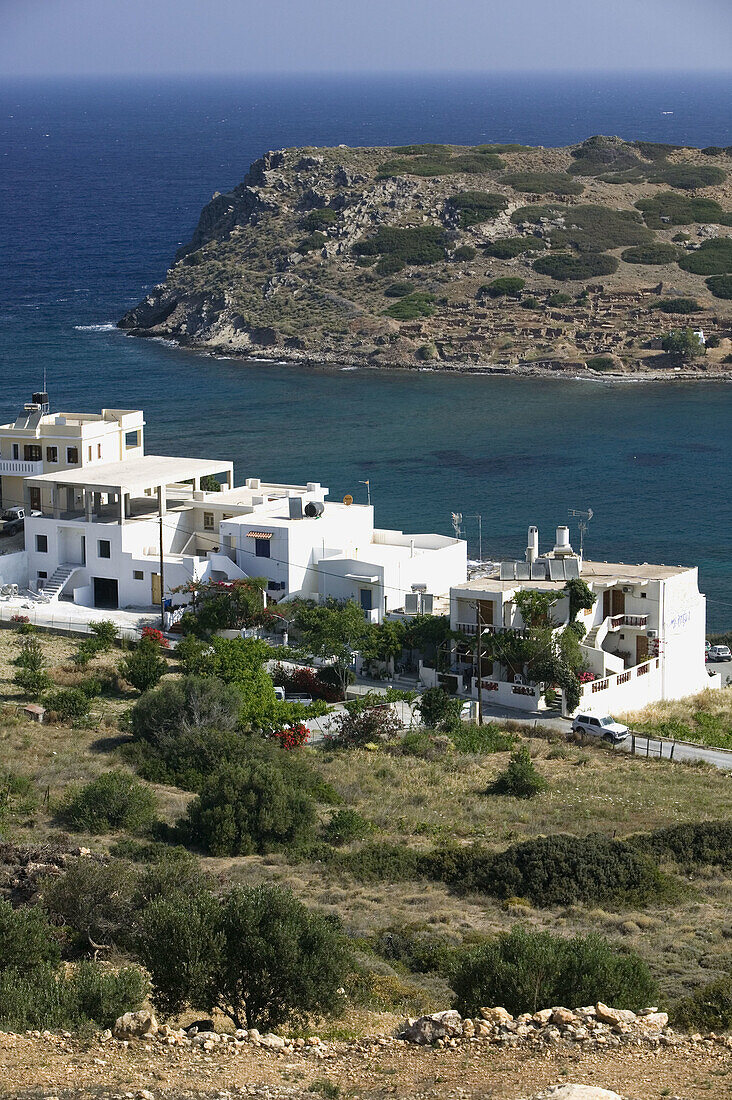 Resort town view with Agios Nikolaos Island. Mohlos. Lasithi Province. Crete. Greece.