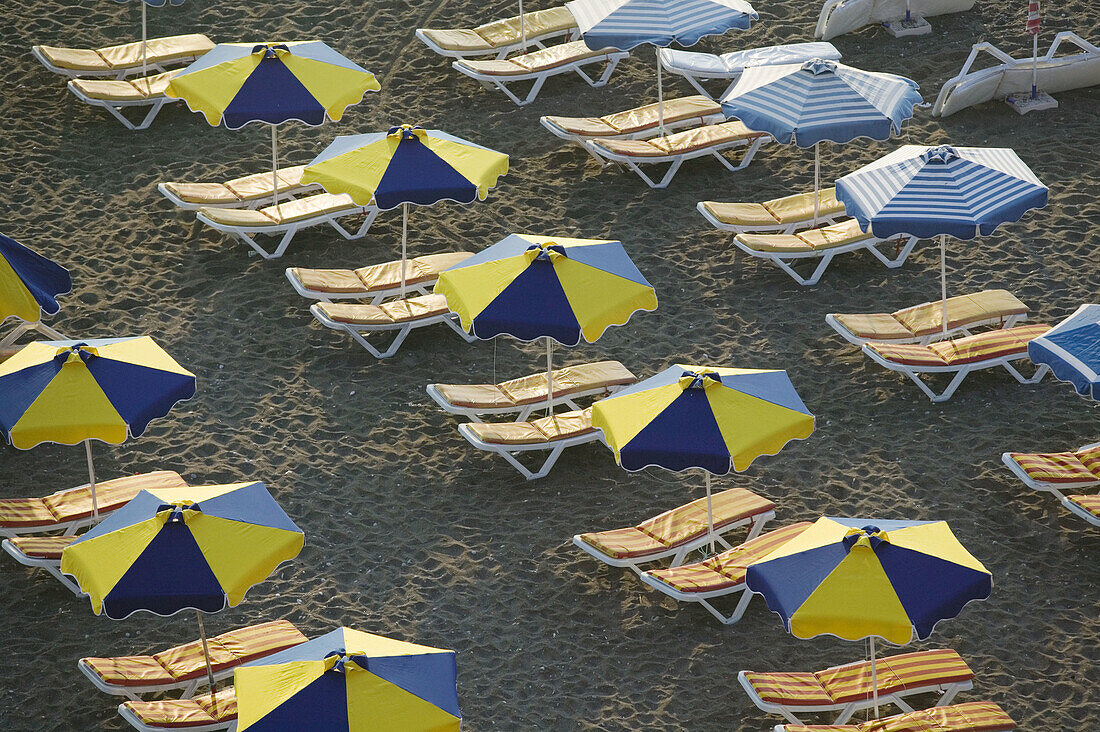 Beach Umbrellas. Morning. Rhodes. Dodecanese, Greece