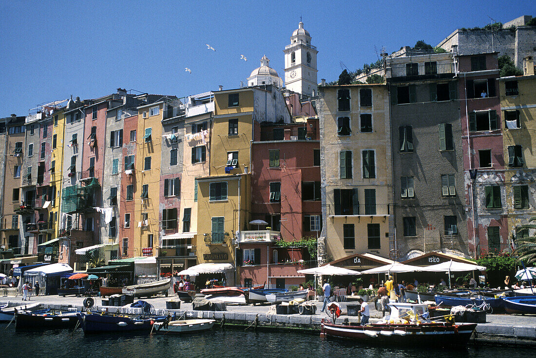 Calata Doria quay and church of San Lorenzo in background. Portovenere. Liguria, Italy