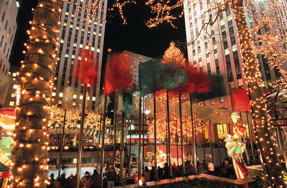 Christmas lights at Rockefeller Center near the ice skating rink and Christmas tree, New York City. USA