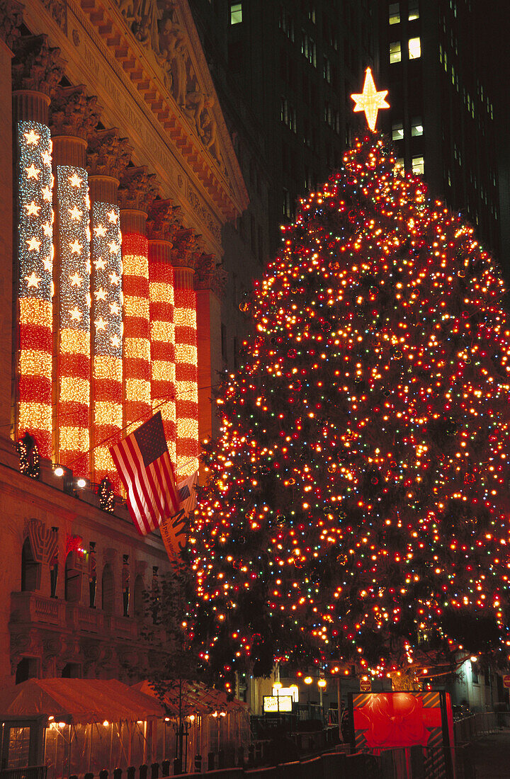 Holiday decorations in front of and on the New York Stock Exchange building. New York City. USA