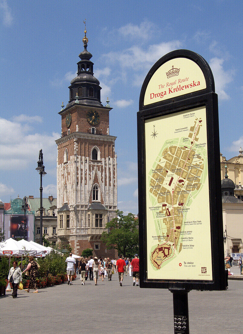The Town Hall Tower with map of the Royal Route, Rynek Glowny, Krakow, Poland