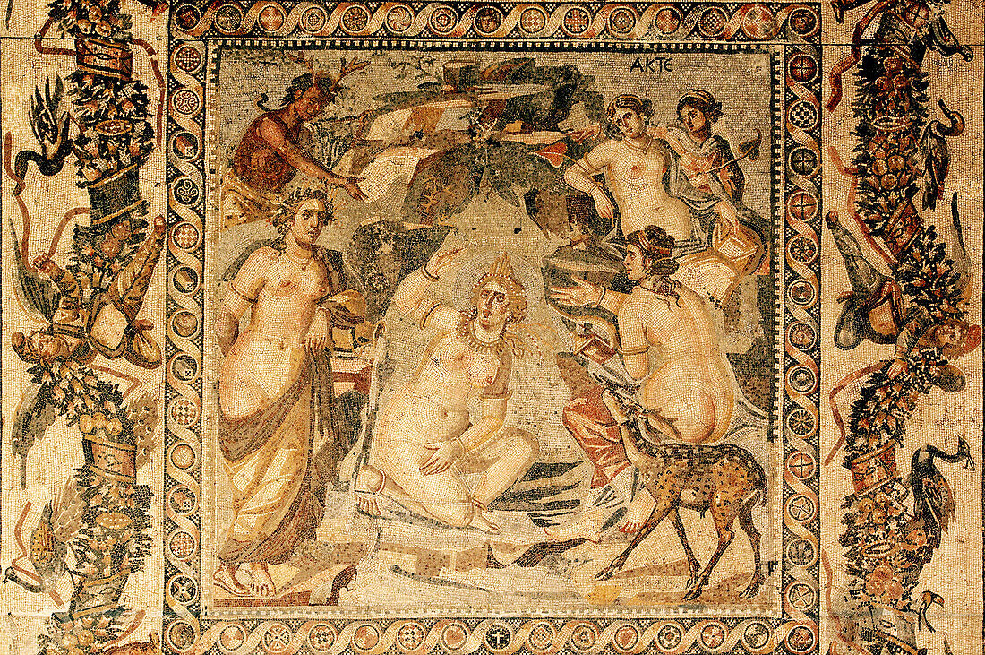 Roman mosaic depicting Artemis, goddess of chastity and the hunt, surrounded by her nymphs when she is surprised by a hunter while bathing, Sweida. Syria