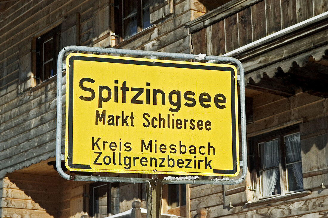 Town sign: Spitzingsee, Markt Schliersee, Kreis Miesbach Zollgrenzbezirk. Upper Bavaria. Germany