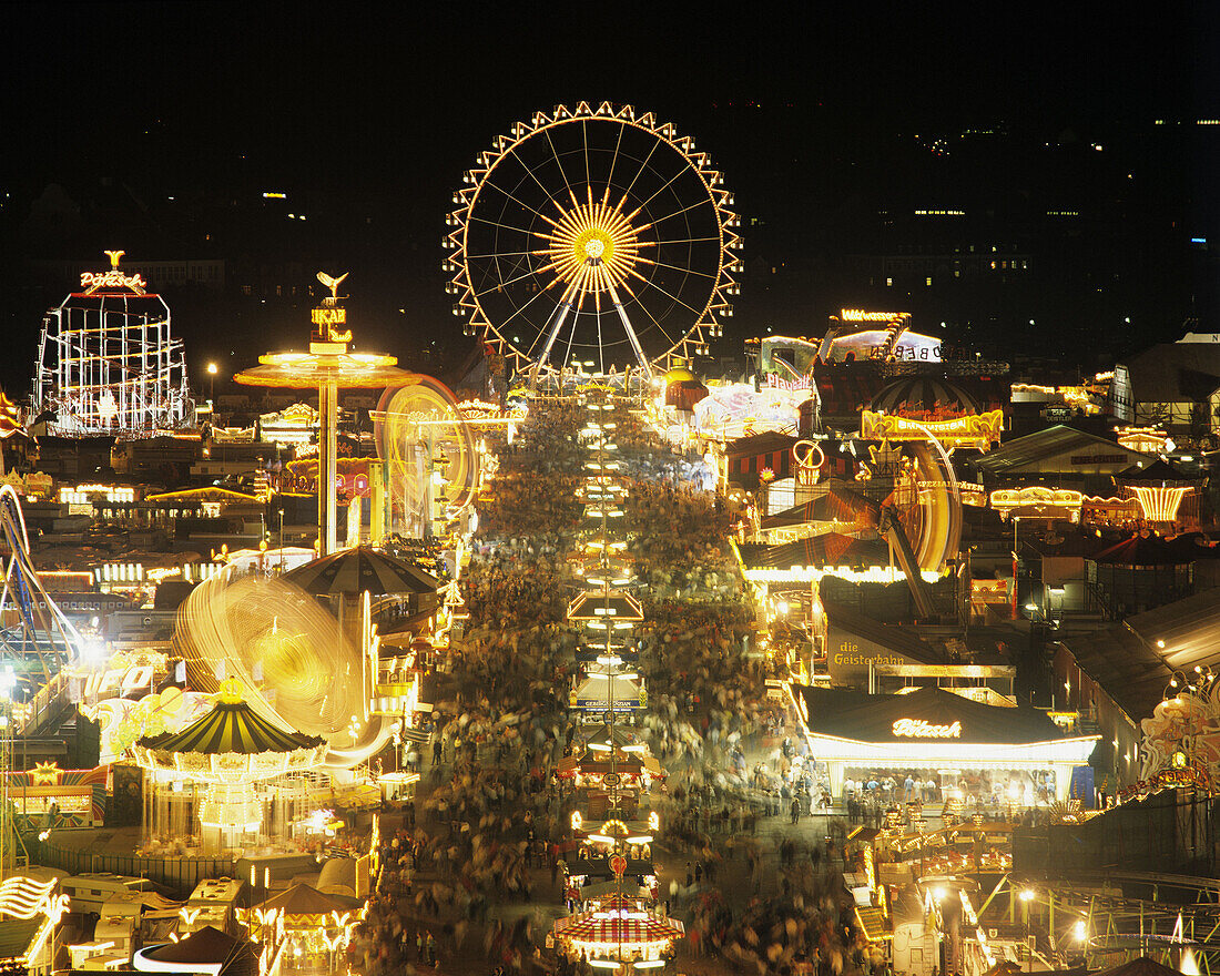 View from St Pauls Church to the Oktoberfest at night Munich Germany