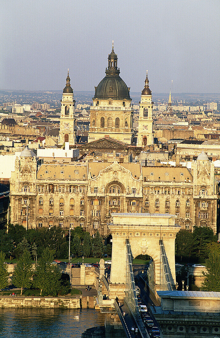 Hungary, Budapest, Pest, Bridge of chains over Danube, Cathedral.