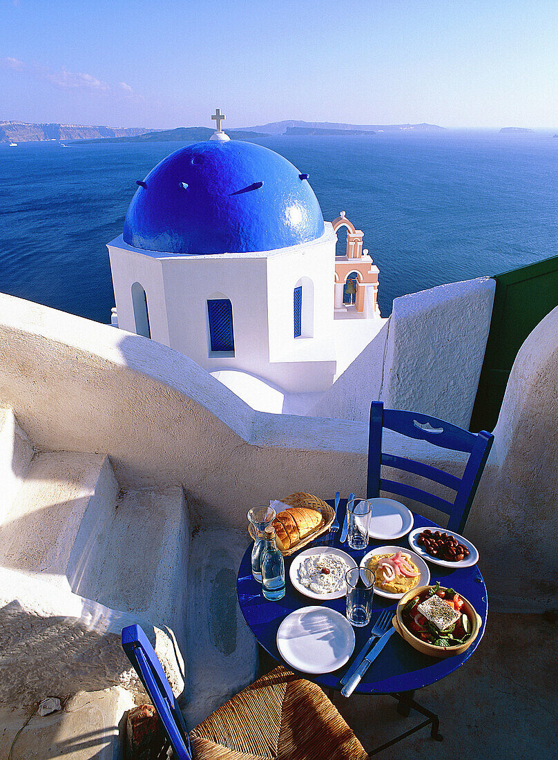 Greece, Cyclades, Santorini Church. on the Caldeira at Oia, Greek food, Greek salad & Mezzes