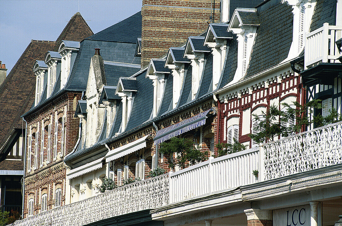 France, Normandy, Bathing Station, Deauville-Trouville, old colonial style houses in Deauville center.