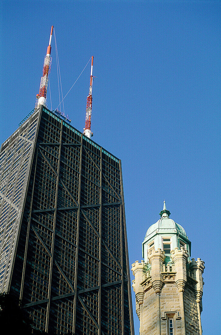 The John Hanchock Tower and old fire station tower. Chicago. Illinois, USA