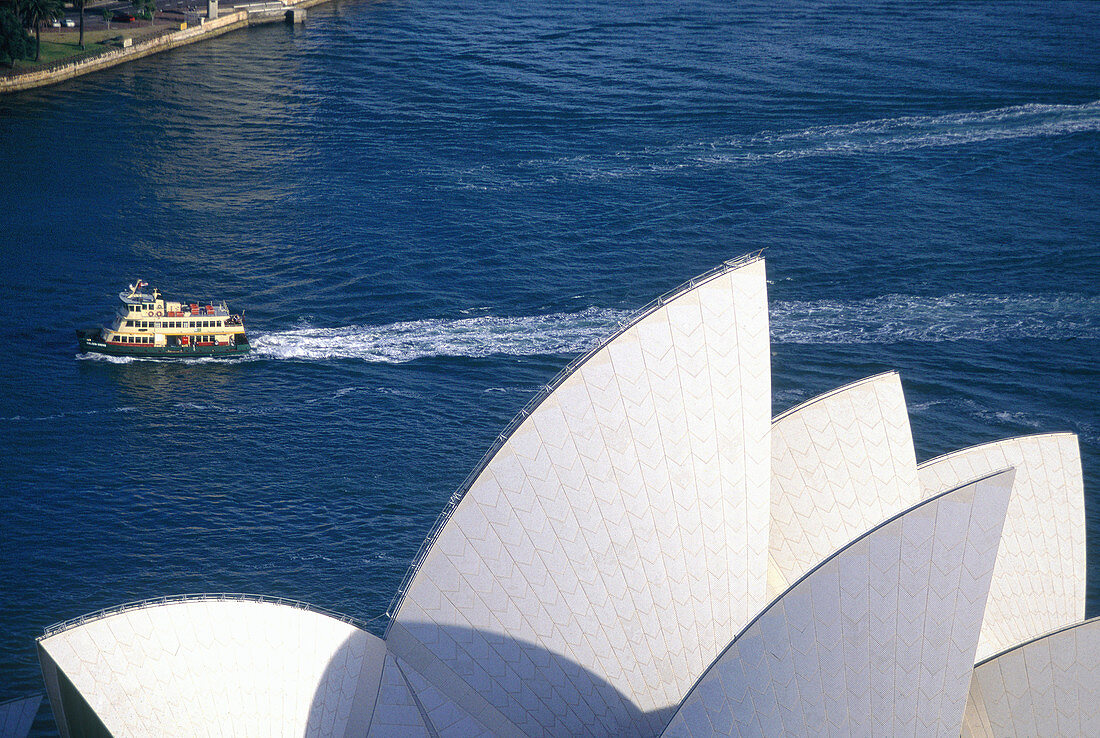 Aerial view of a ferry and Opera building. Sydney Bay. Sydney. Australia.