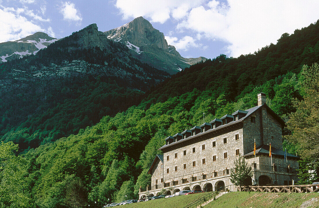 Parador Nacional de Ordesa in Pineta Valley. Ordesa National Park. Huesca province. Aragon. Spain