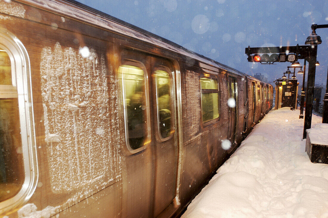 Snow storm at Myrtle Avenue subway station. Brooklyn, New York City. USA
