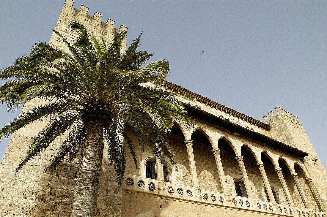 Exterior view of Almudaina Palace as seen from the terrace. Palma de Mallorca. Majorca. Balearic Islands. Spain