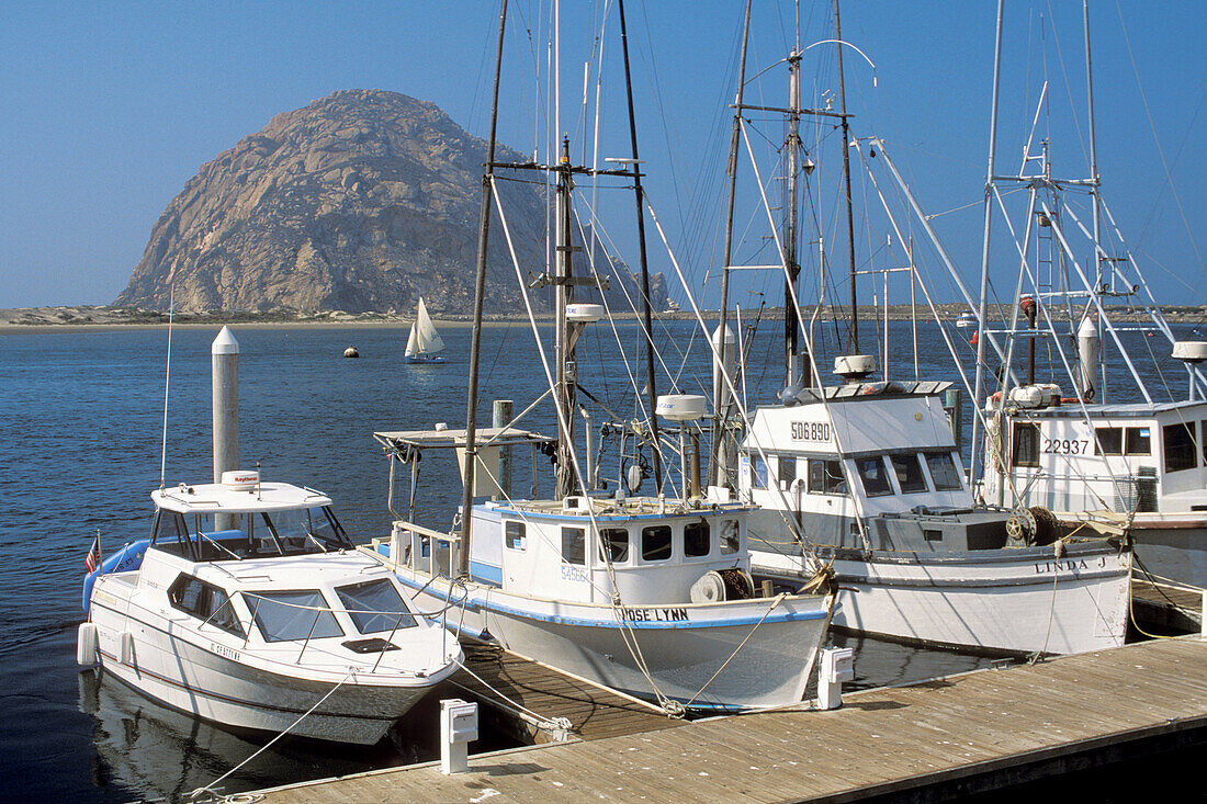 Commercial fishing boats docked at waterfront at Morro Bay, near Morro Rock, San Luis Obispo County coat, California