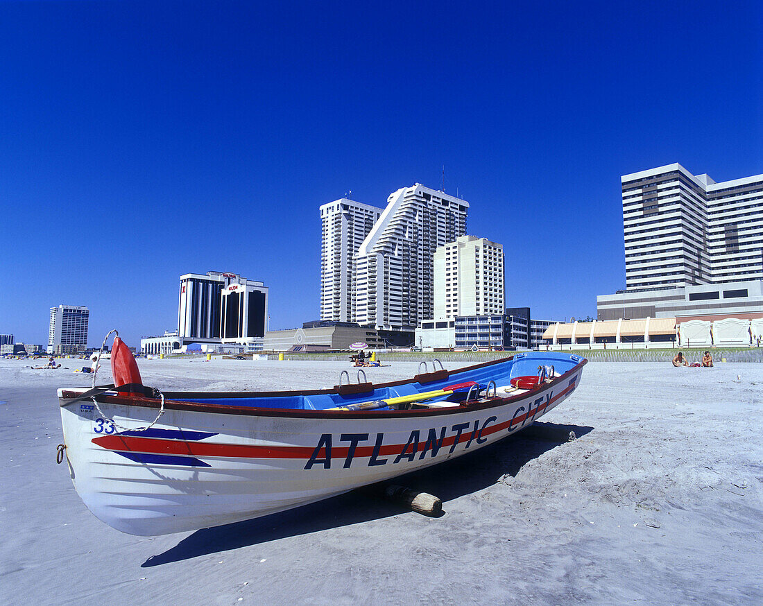 Lifeguard boat, Beach, Atlantic city, New Jersey, USA.