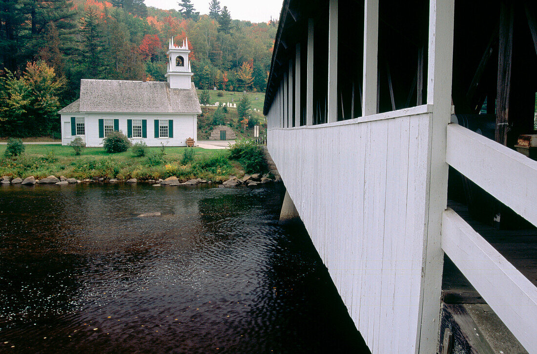 Covered Bridge and Church in Stark. New Hampshire. USA