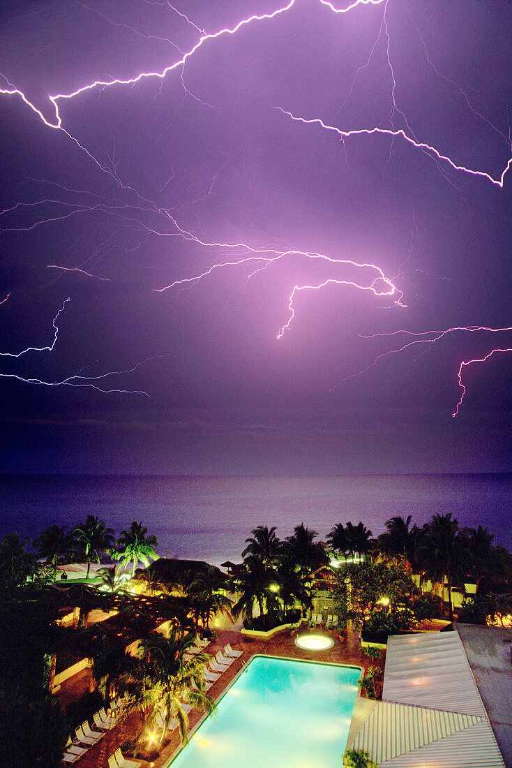 Lightning strike over hotel swimming pool