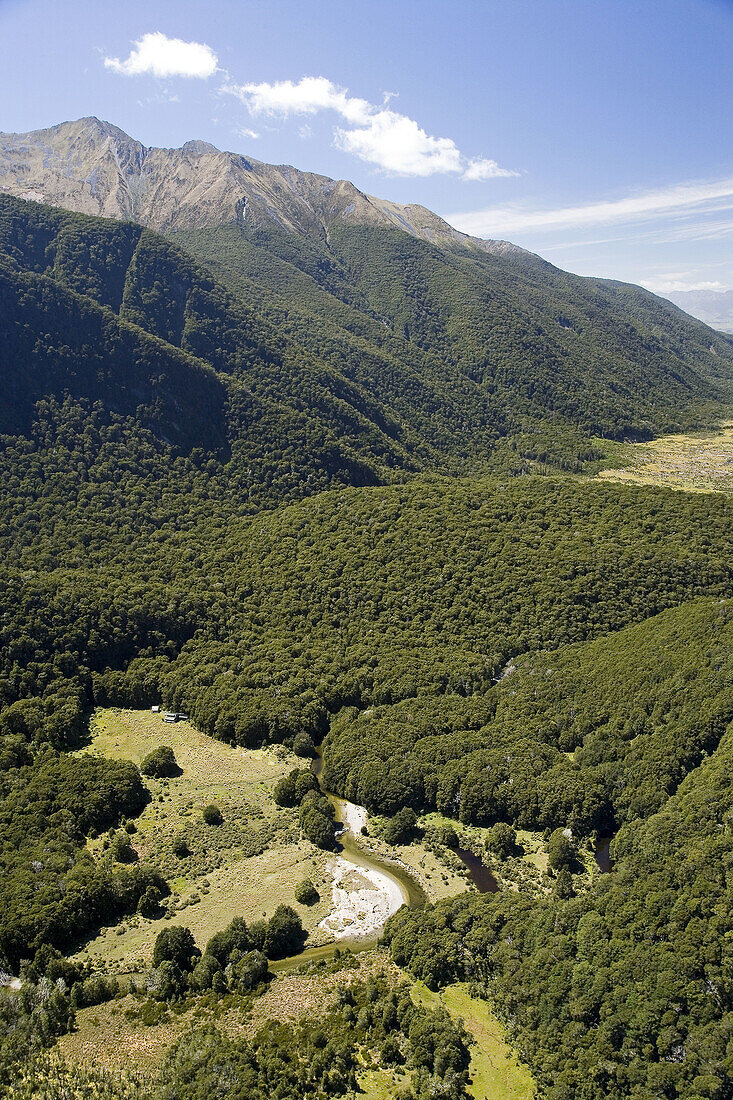 New Zealand, South Island, Fiordland National Park, Iris Burn Hut, Iris Burn, Kepler Track - aerial