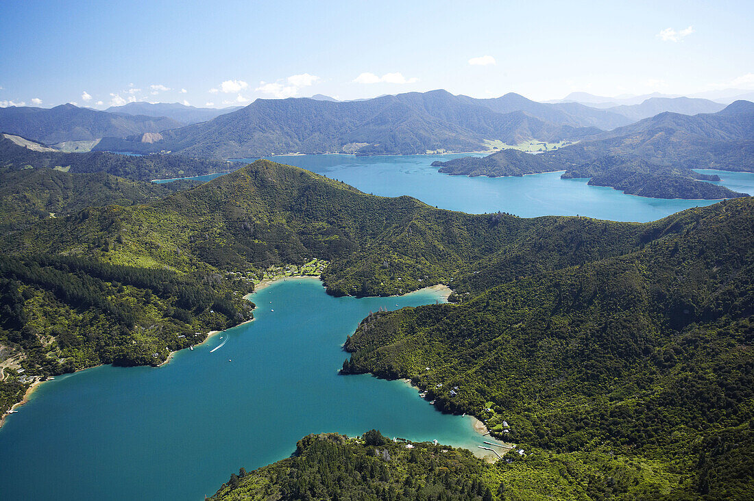 New Zealand, South Island, Marlborough Sounds, Lochmara Bay, Queen Charlotte Sound - aerial. 2005