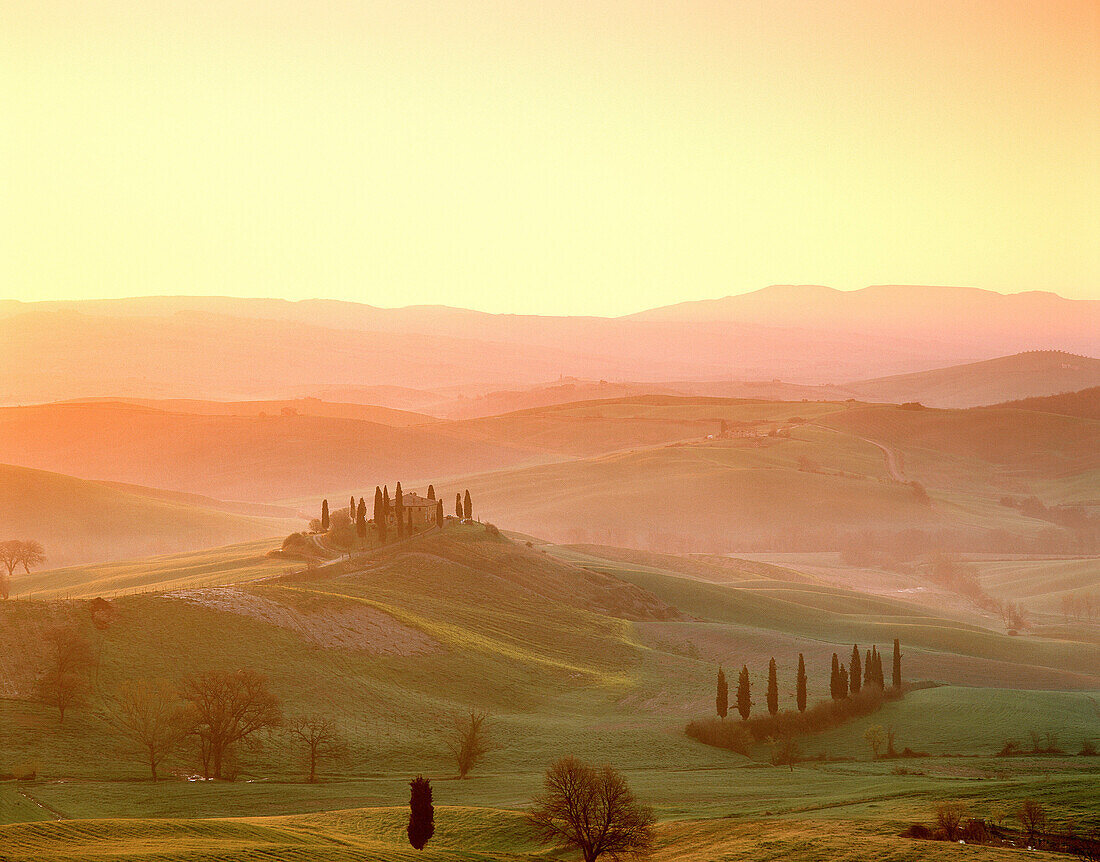 Val d Orcia, Tuscan landscape at sunrise. Italy
