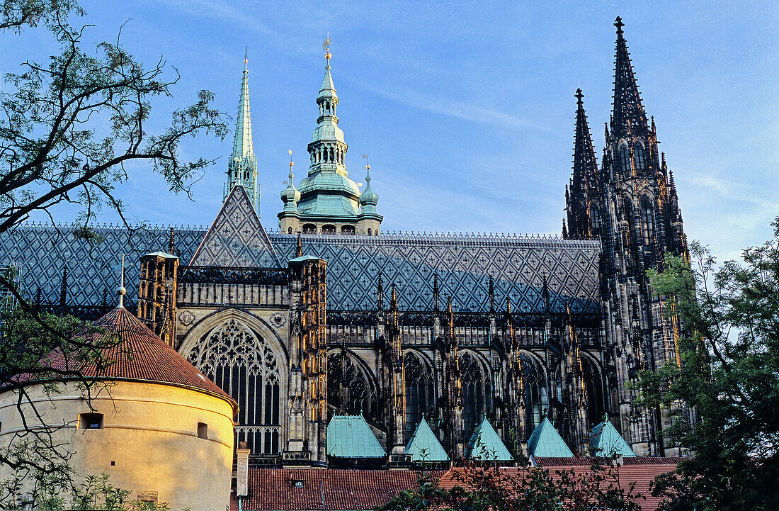 Castle Quarter: St. Vitus Cathedral, powder tower. Prague. Bohemia. Czech Republic