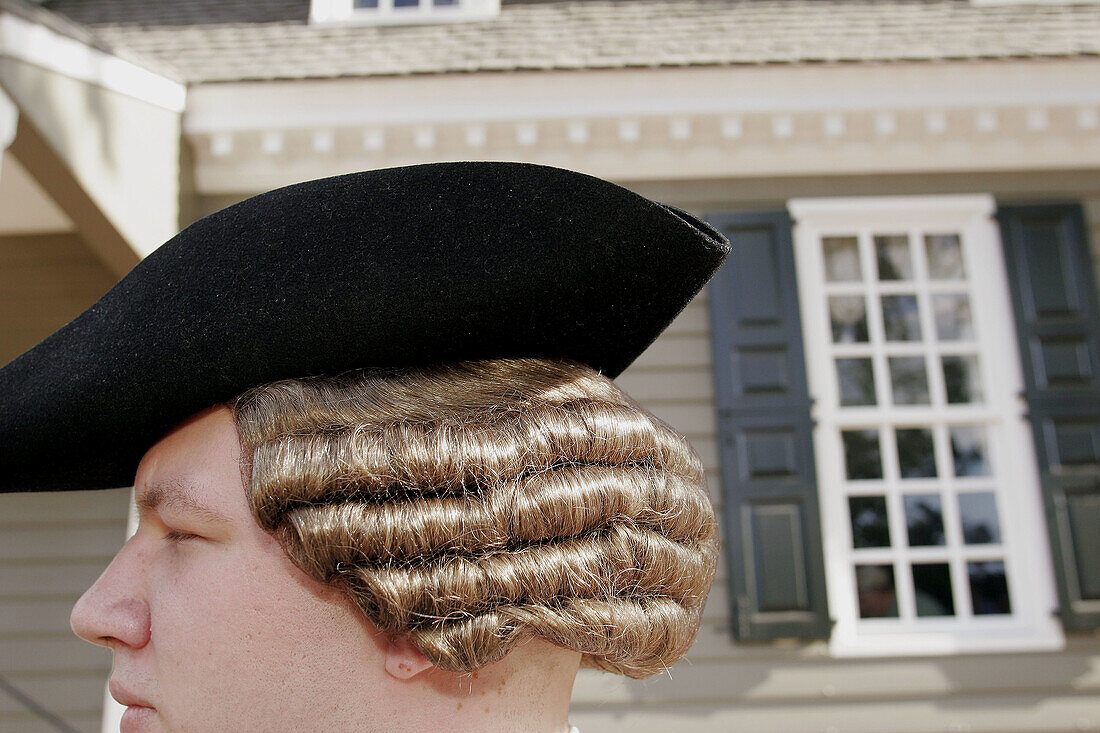 Virginia, Colonial Williamsburg, Duke of Glouster Street, male reenactor, curls, tricorn hat