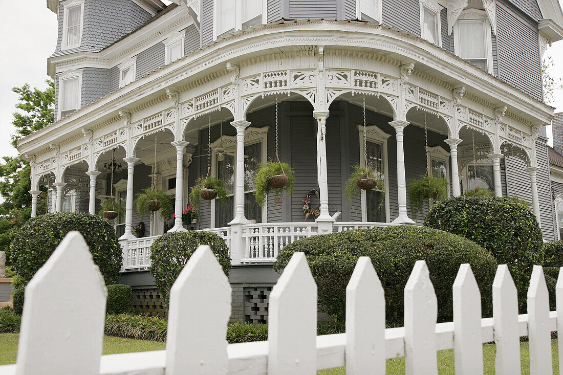 College Street, historic Victorian style home, porch. Troy. Alabama. USA.