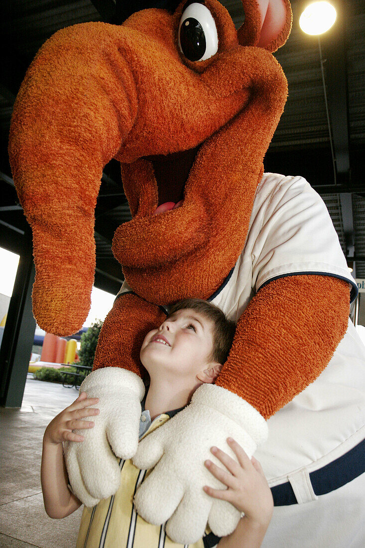 Riverwalk Stadium, Biscuit Baseball, AA Minor League, fan, boy, mascot, Big Mo. Montgomery. Alabama. USA.