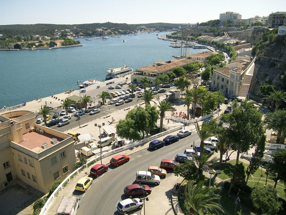 Aerial view of the harbour of Maó. Maó. Menorca. Balearic Islands. Spain.