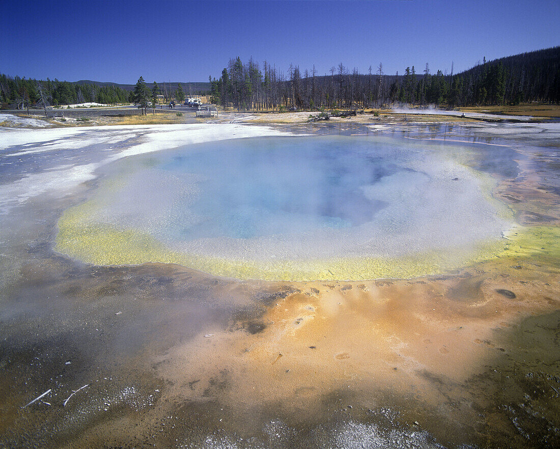 Color: rainbow pool, Upper geyser basin, Yellowstone national park, Wyoming, USA.