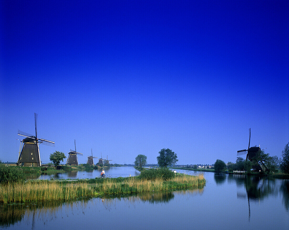 Scenic windmills, Kinderdijk canal, Holland.