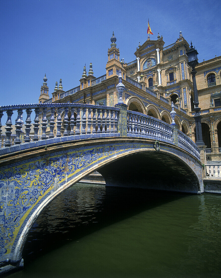 Mosaic bridge, Plaza de España, Seville, Andalusia, Spain.