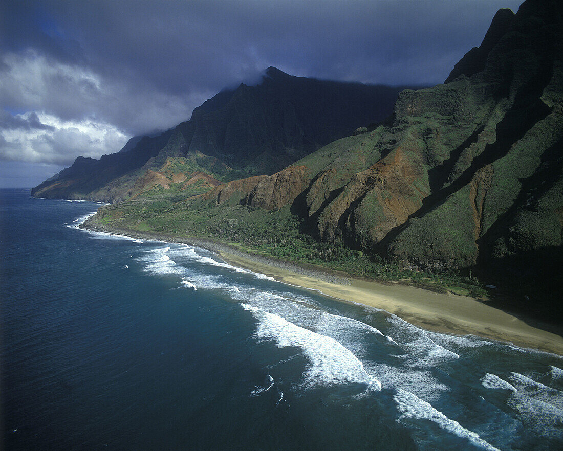 Aerial: scenic na pali coastline, Kauai, Hawaii, USA.