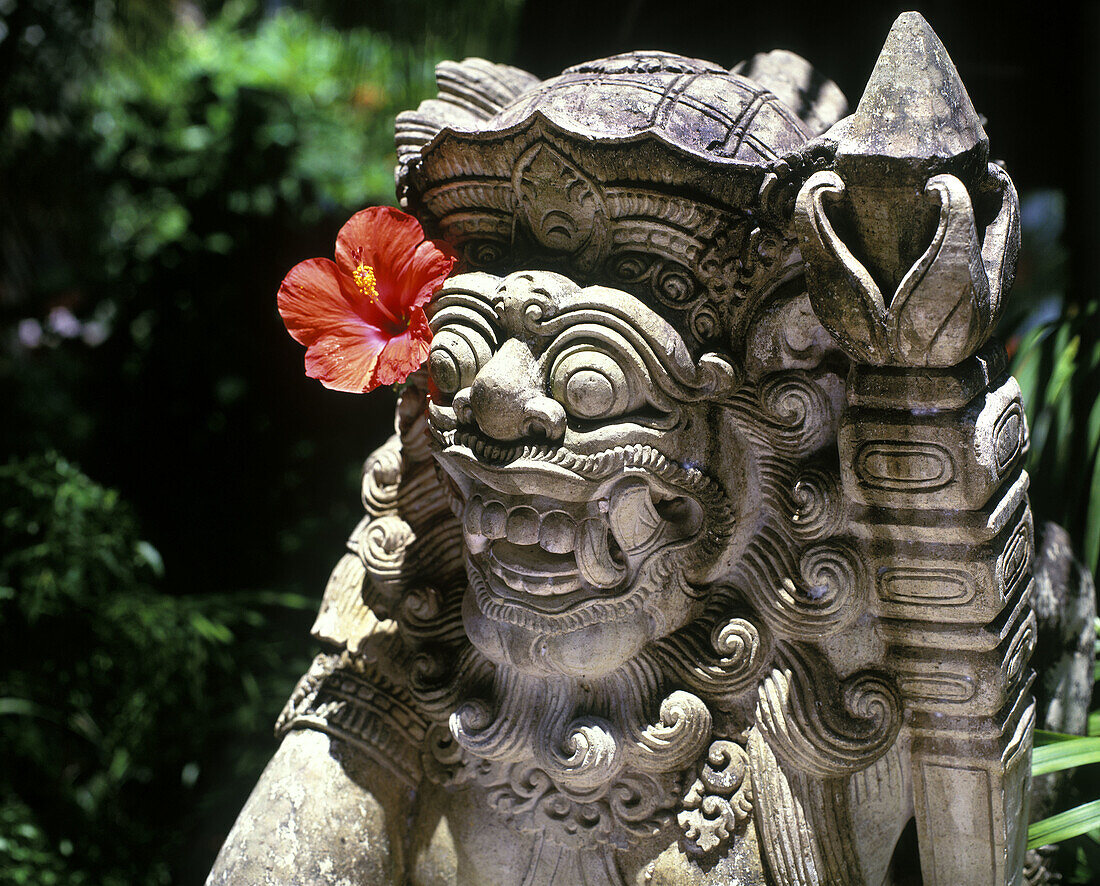 Face of stone guard, Buddhist temple, Bali, Indonesia