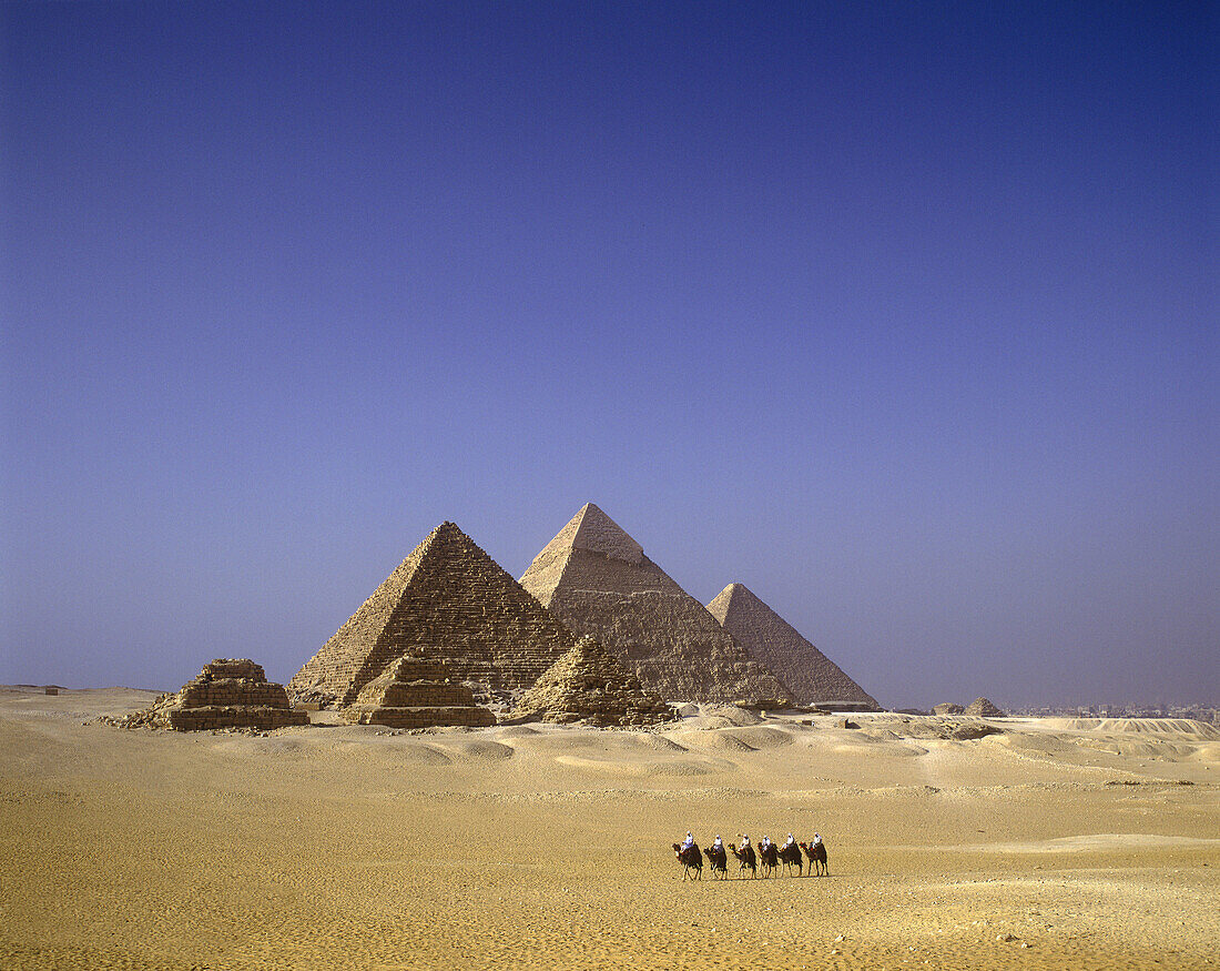 Scenic camel caravan, Great pyramids, Giza ruins, Cairo, Egypt.