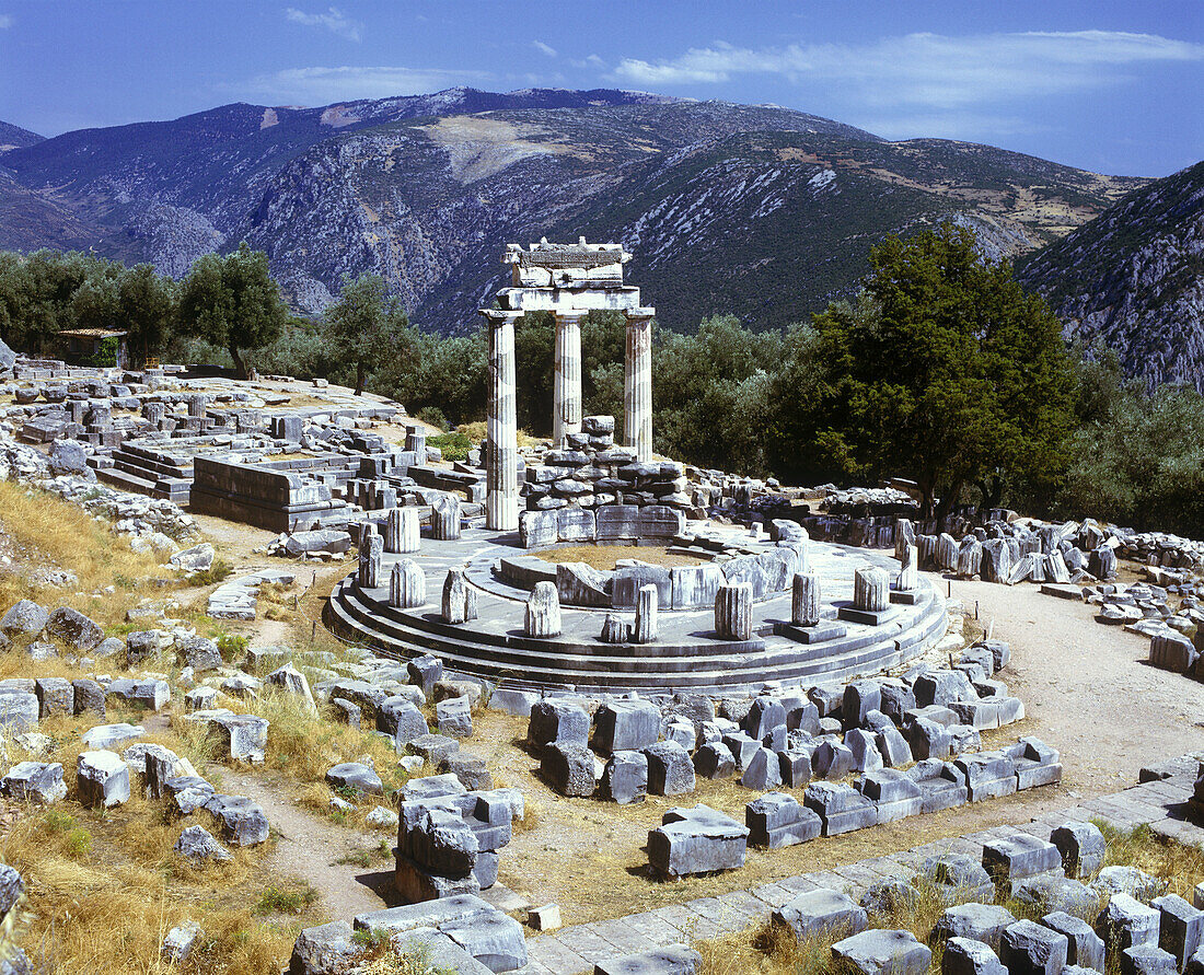 Tholos ruins, Marmaria terrace, Delphi, Greece.